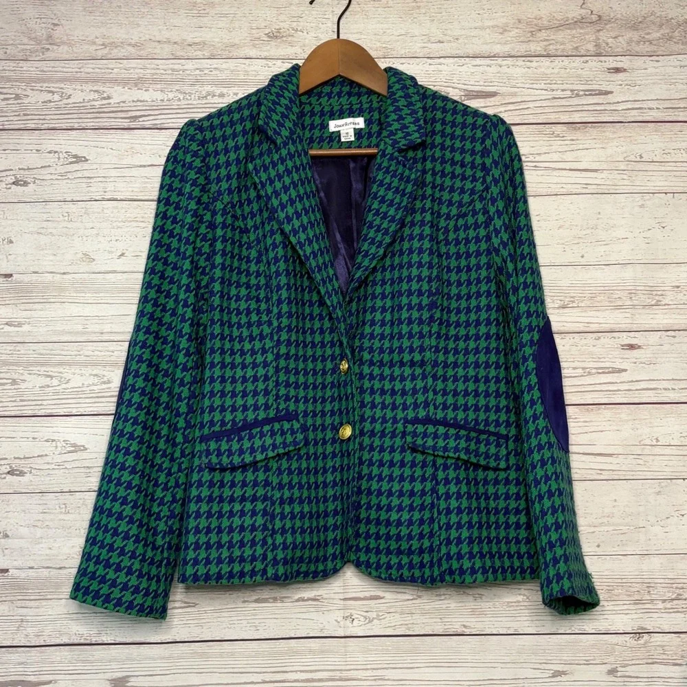 Joan Rivers Green Purple Houndstooth Blazer Jacket with Elbow Patches Size 10